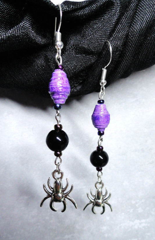 Spider Earrings With Purple Handmade Paper Beads and Glass Beads