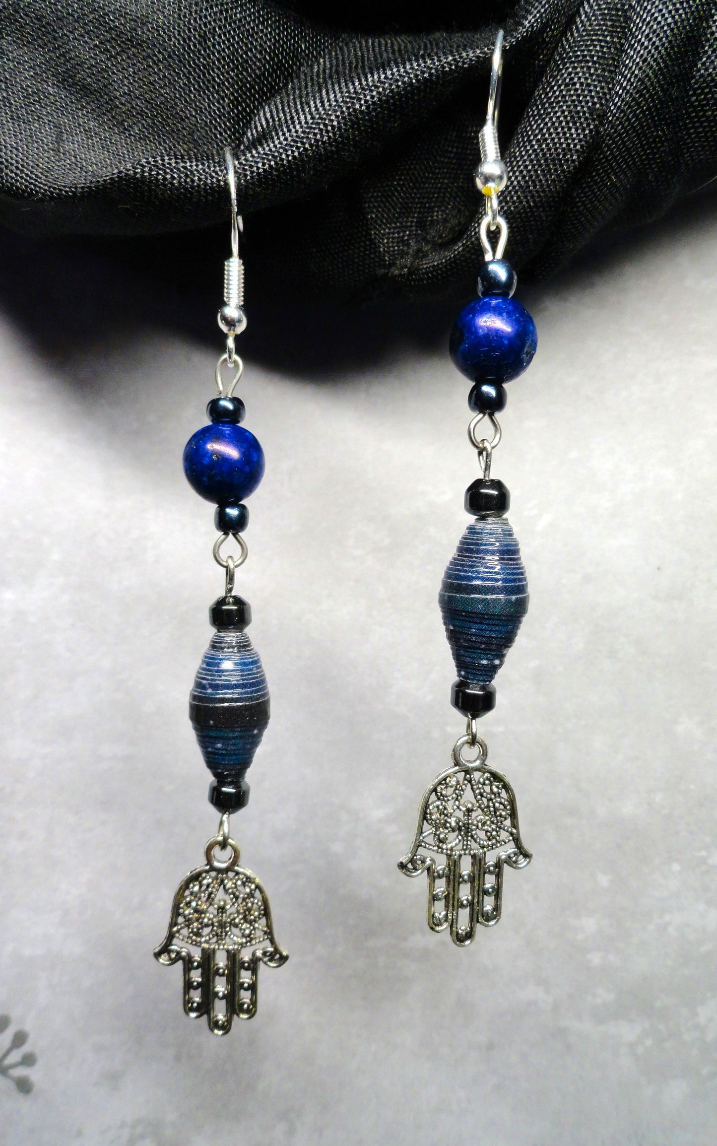 Hamsa Hand Earrings With Blue Handmade Paper Beads and Stone Beads