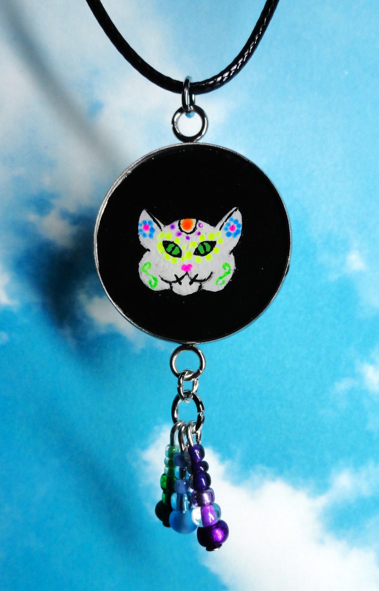 Hand-painted Dia De Los Muertos Cat Blacklight Sensitive Necklace