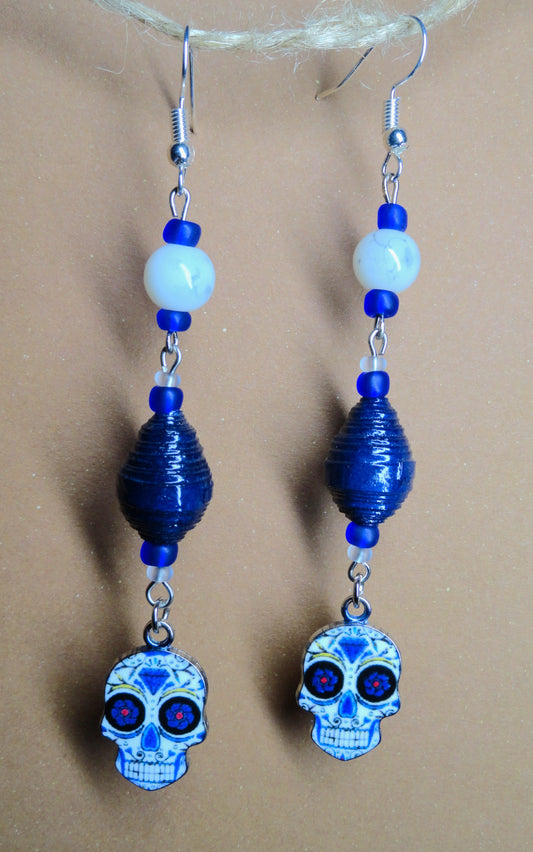 Skull Earrings With Navy Blue Handmade Paper Beads and Glass Beads