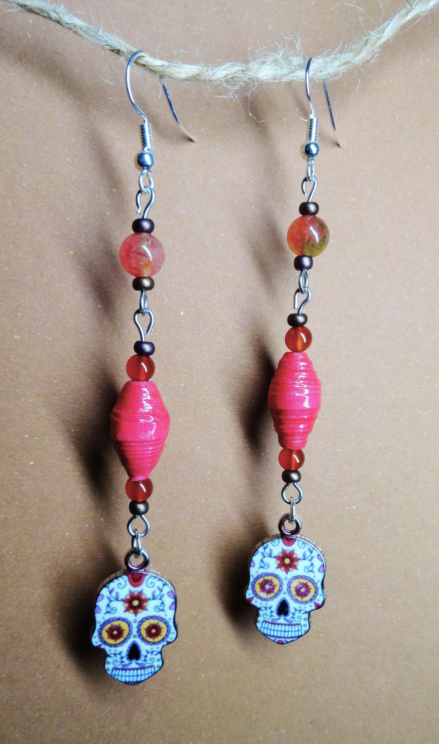 Skull Earrings With Red Handmade Paper Beads and Glass Beads