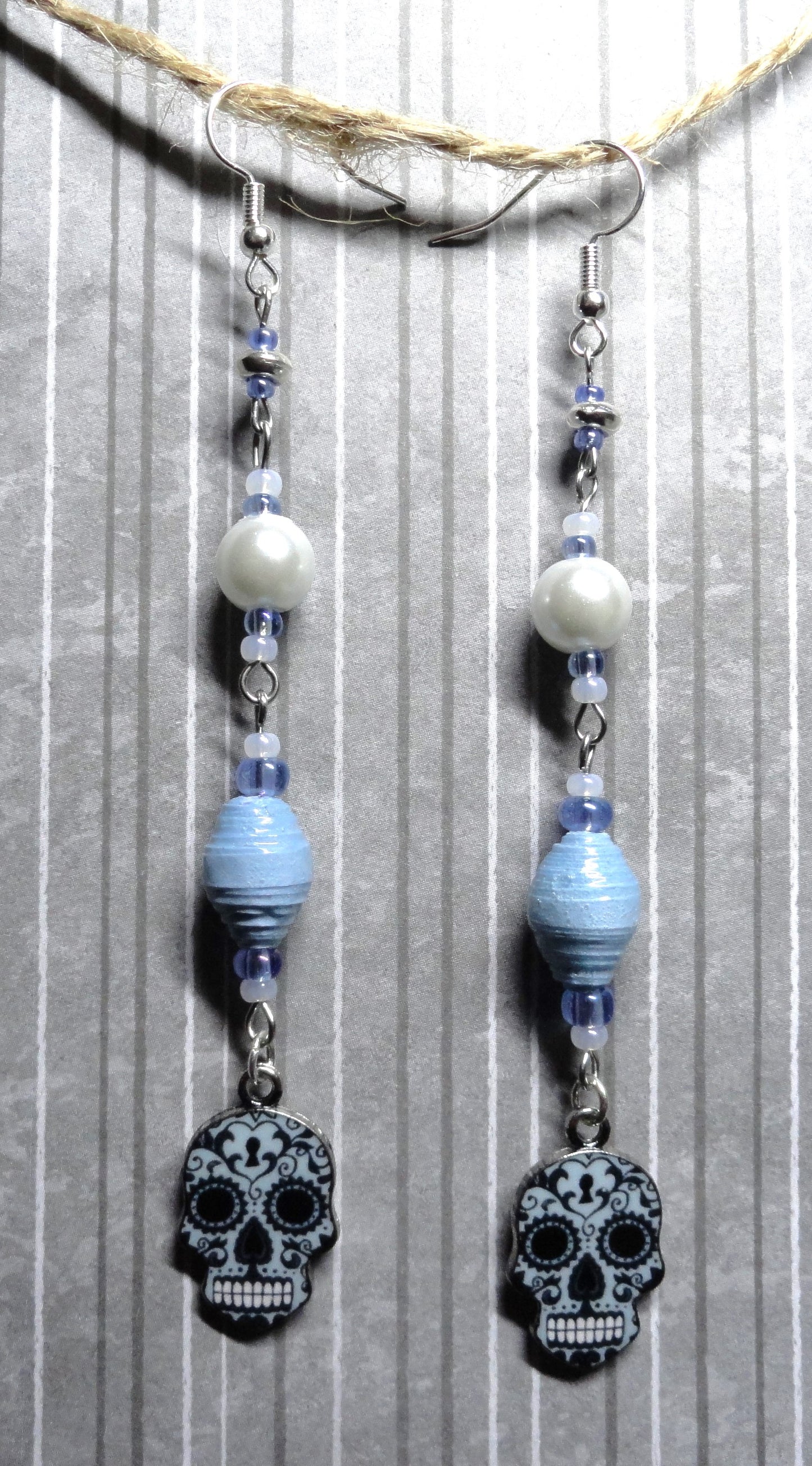 Skull Earrings With Pastel Blue Handmade Paper Beads and Pearlized Glass Beads