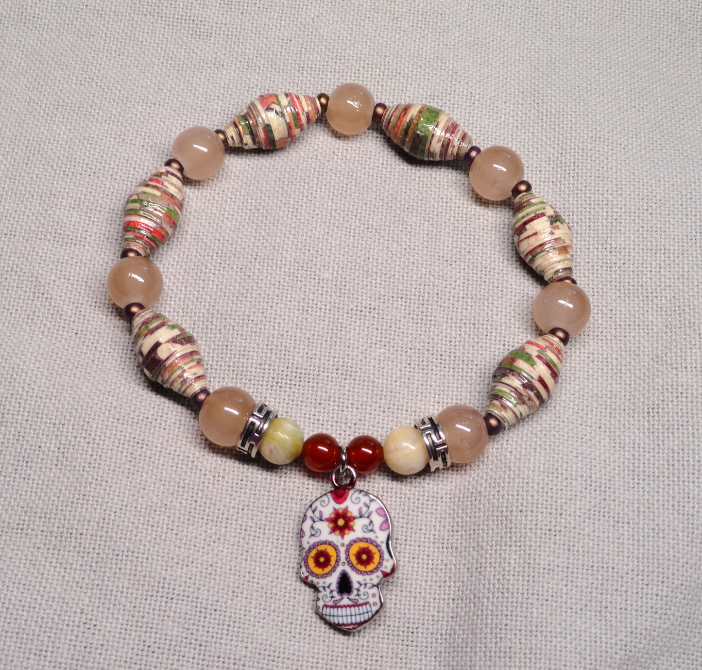 Bracelet With Sugar Skull, Multicolored Handmade Paper Beads & Glass Beads