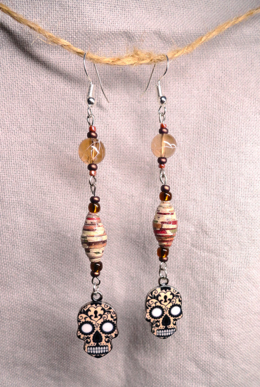 Skull Earrings With Multicolored Handmade Paper Beads and Glass Beads