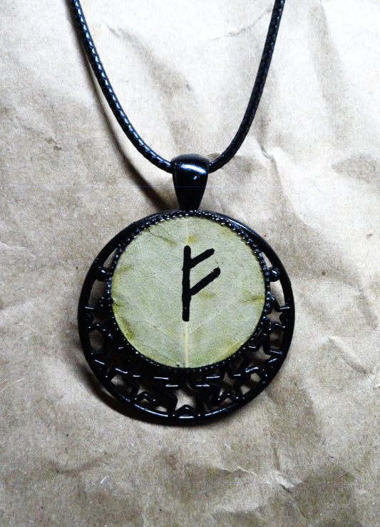 Hand-painted Fehu Prosperity On Bay Leaf Necklace Infused With Selenite Crystal