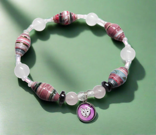 Bracelet With Dia De Los Muertos Charm, Multicolored Handmade Paper Beads & Glass Beads