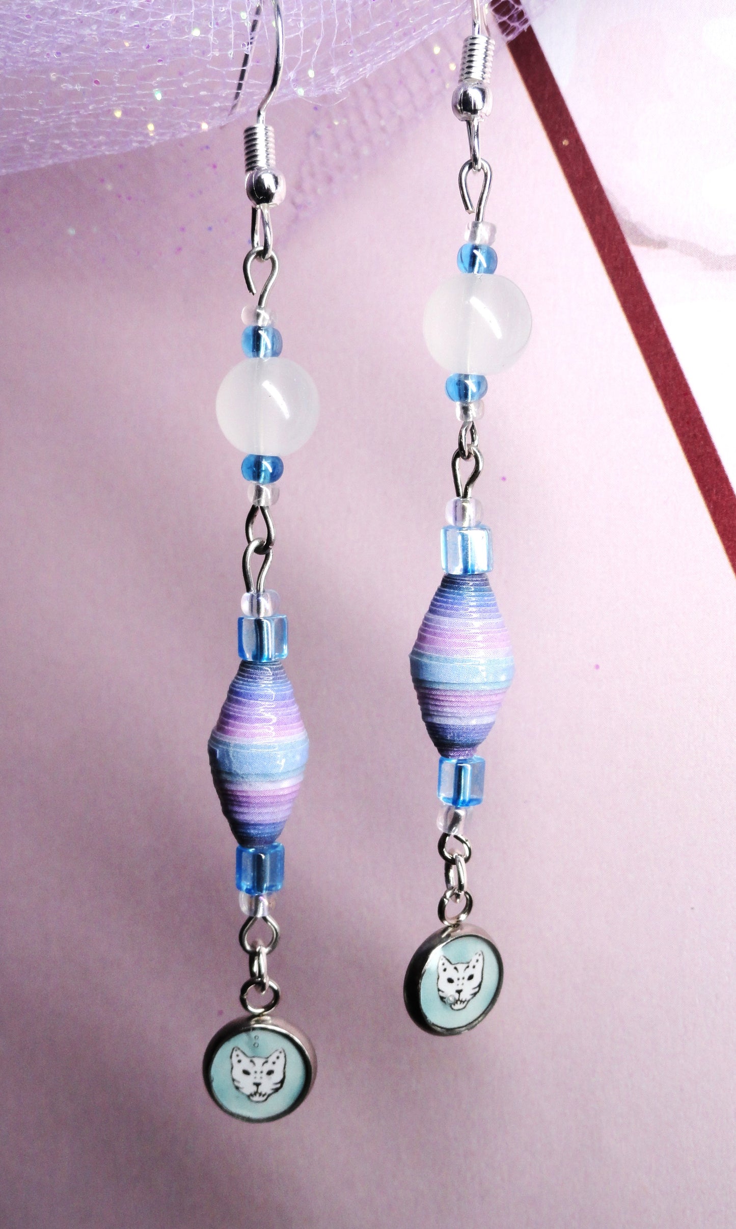 Cat Skull Earrings With Pastel Multicolored Handmade Paper Beads and Glass Beads