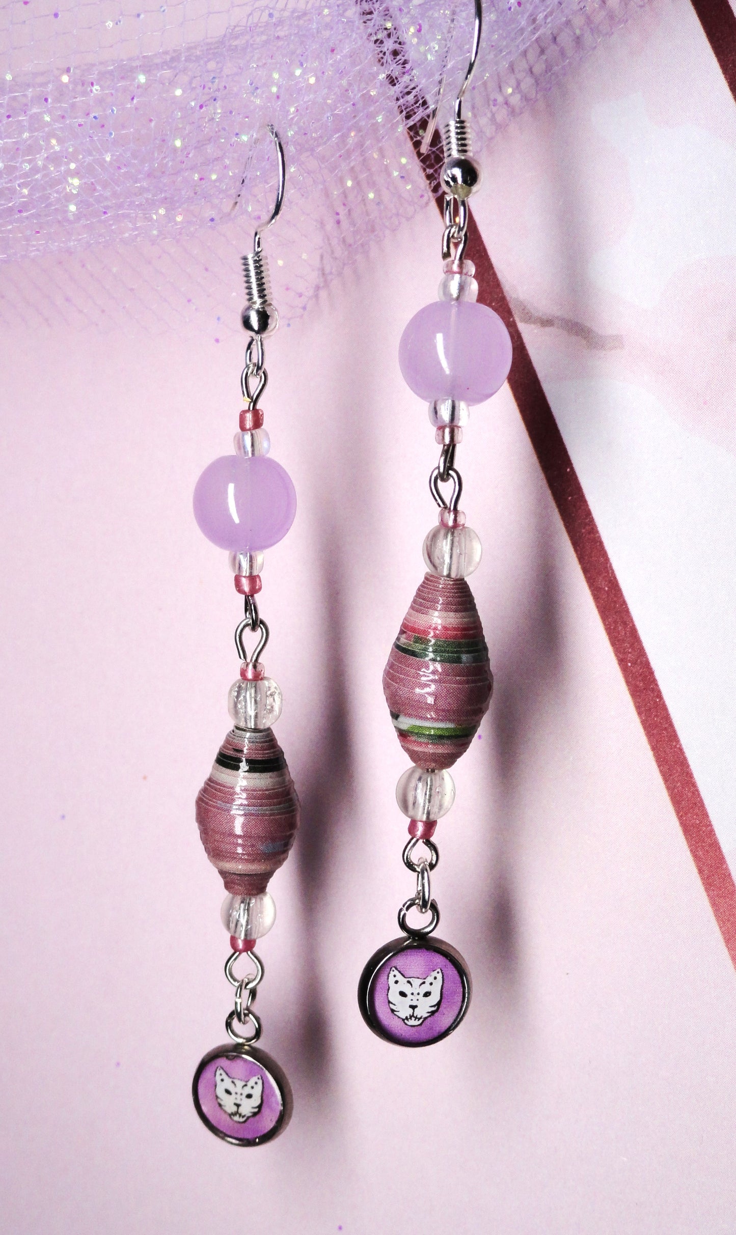 Cat Skull Earrings With Multicolored Handmade Paper Beads and Glass Beads