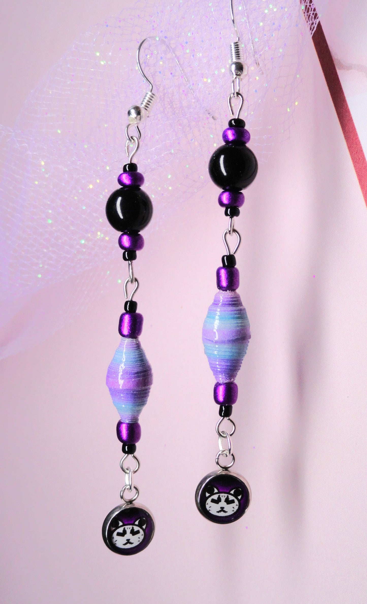 Nietas Logo Earrings With Pastel Multicolored Handmade Paper Beads and Glass Beads