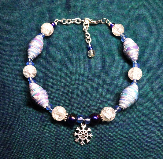 Adjustable Snowflake Bracelet With Shimmery Multicolored Handmade Paper Beads & Crackle Glass Beads
