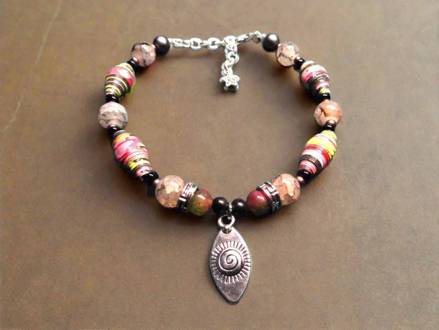 Adjustable Evil Eye Bracelet With Colorful Handmade Paper Beads & Marbled Glass Beads