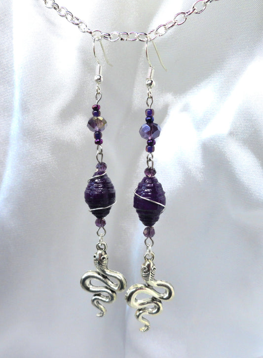 Snake Earrings With Purple Handmade Paper Beads and Purple Faceted Beads