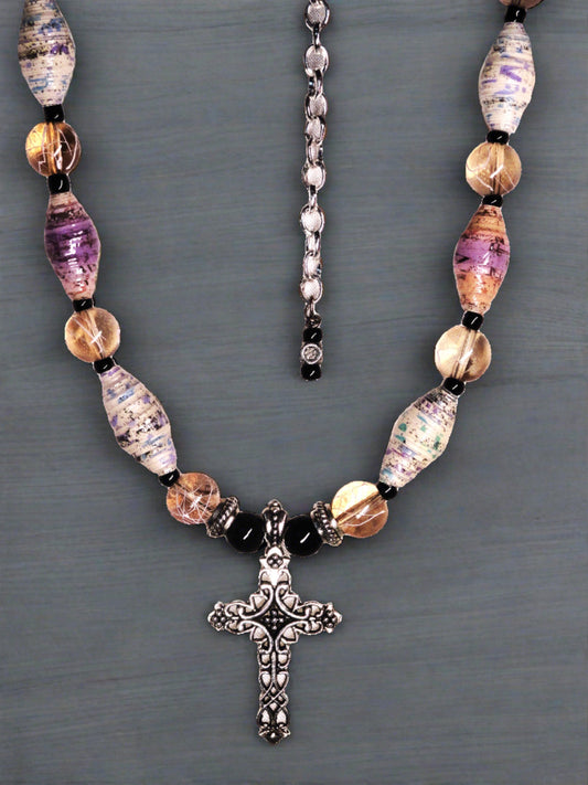 Adjustable Necklace With Cross, Multicolored Handmade Paper Beads & Clear Glass Beads