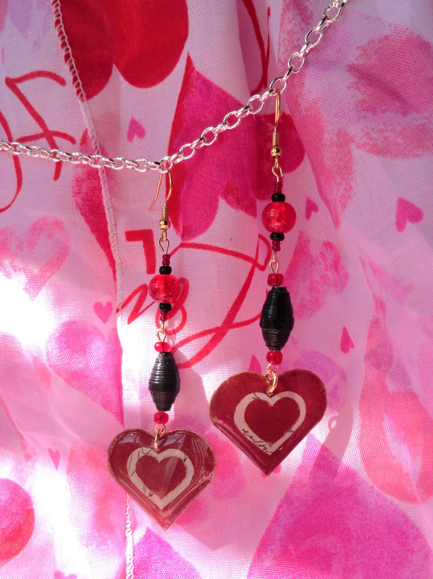 Red Heart Earrings With Black Handmade Paper Beads and Glass Beads