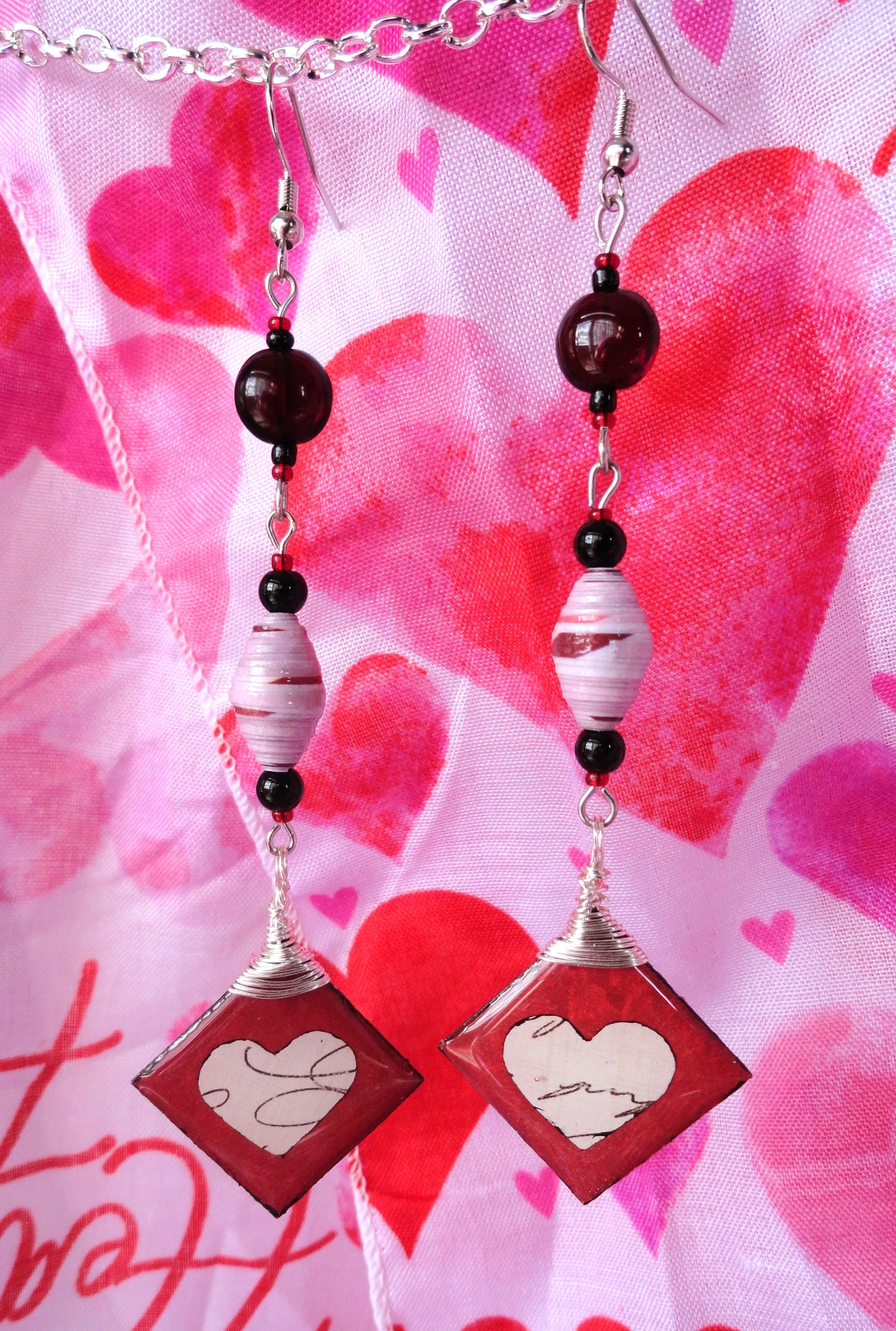 Heart Earrings With Pink Handmade Paper Beads and Blood Red Glass Beads