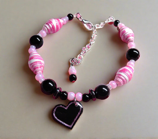 Adjustable Heart Bracelet, Pink & White Streaked Handmade Paper Beads & Black Glass Beads