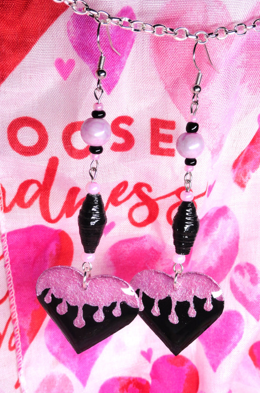 Dripped Paint Heart Earrings With Black Handmade Paper Beads and Pearlized Glass Beads