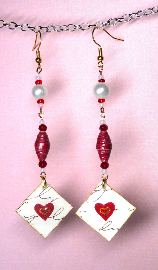 Heart Earrings With Red Handmade Paper Beads and Pearlized Glass Beads