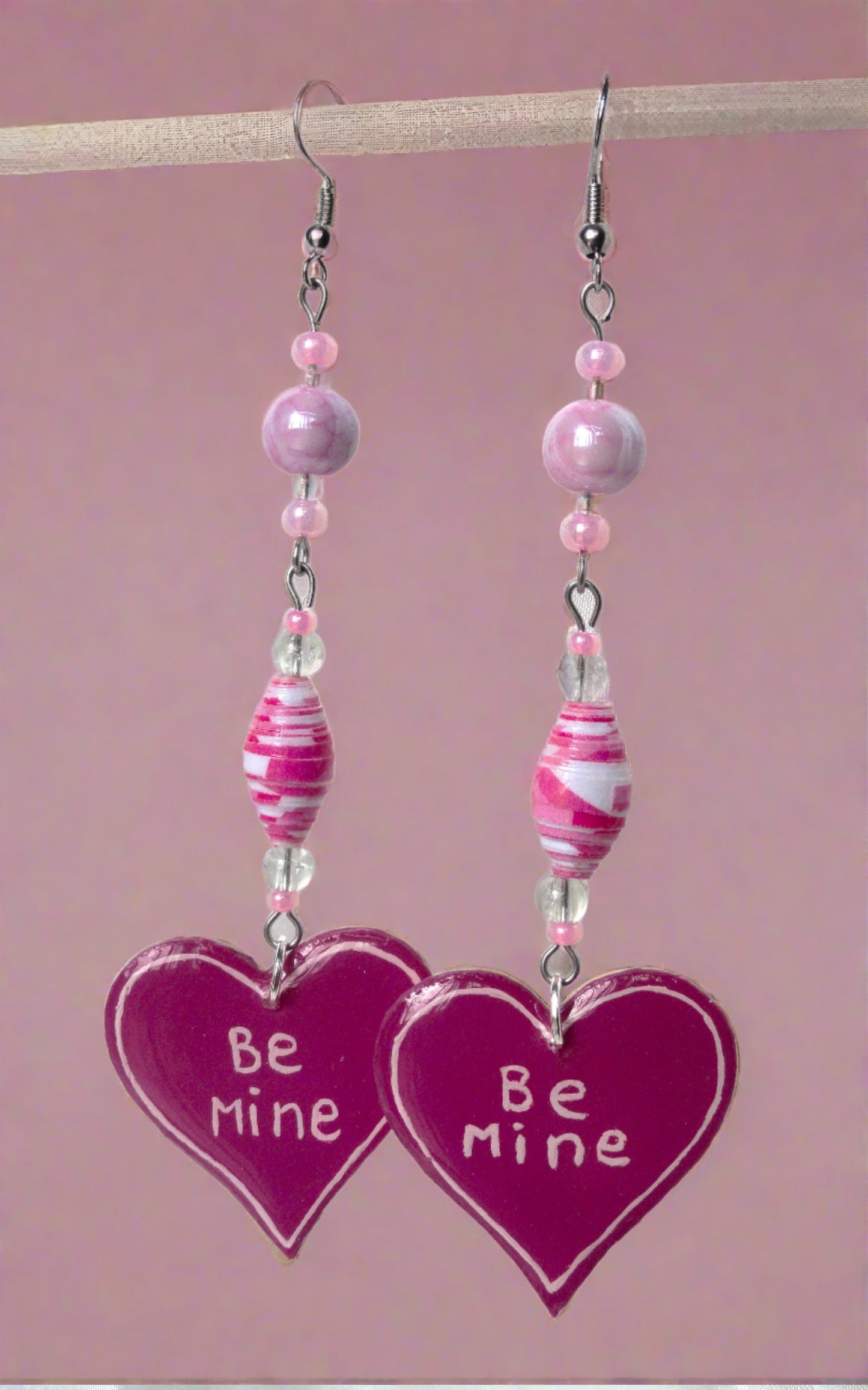 Be Mine Heart Earrings With Pink & White Streaked Handmade Paper Beads and Pearlized Glass Beads