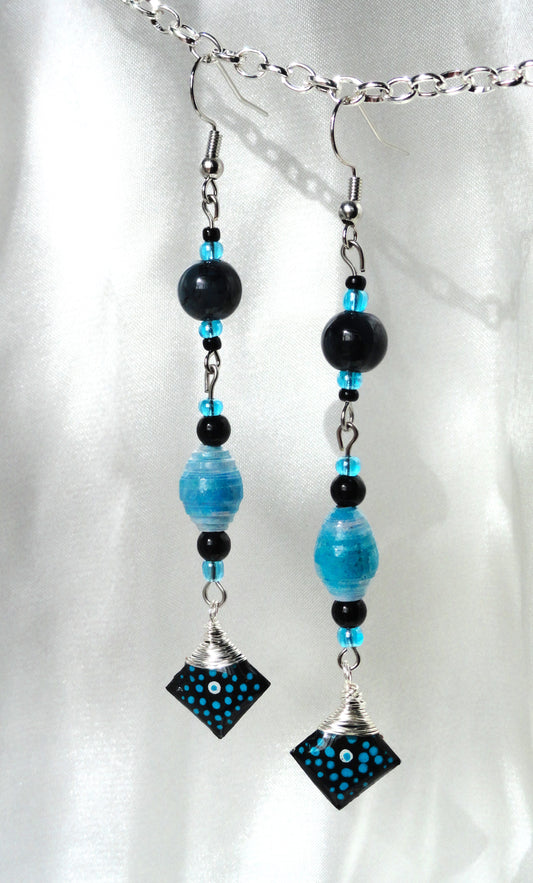 Diamond Charm Earrings With Blue Handmade Paper Beads and Glass Beads