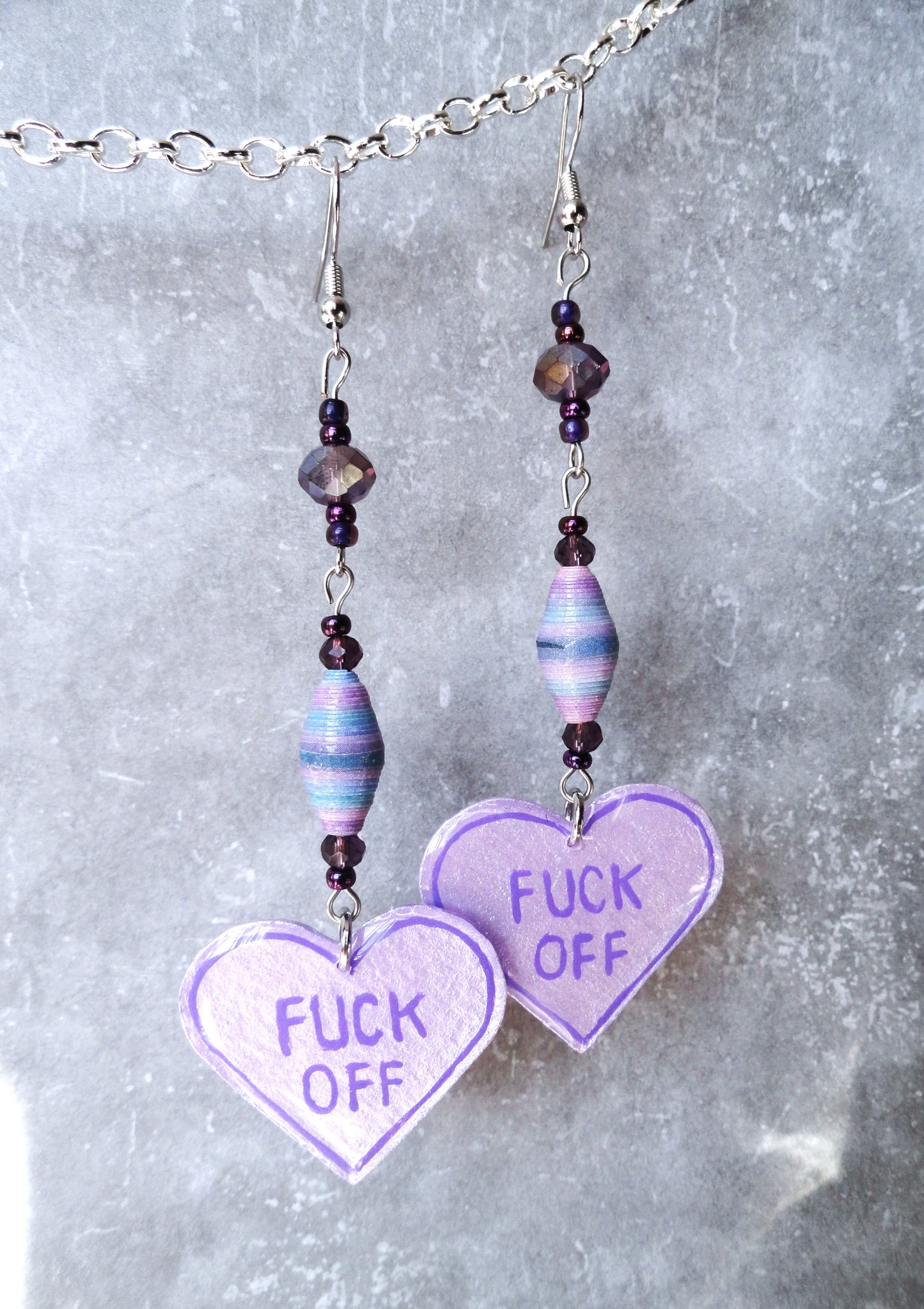 Fuck Off Heart Earrings With Violet Handmade Paper Beads and Purple Faceted Beads