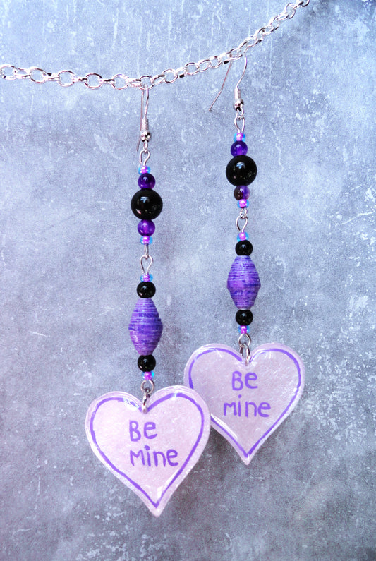 Be Mine Heart Earrings With Purple Handmade Paper Beads and Black Glass Beads