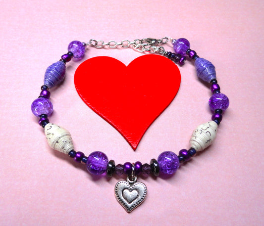 Adjustable Heart Bracelet, Purple & White Speckled Handmade Paper Beads & Crackled Glass Beads