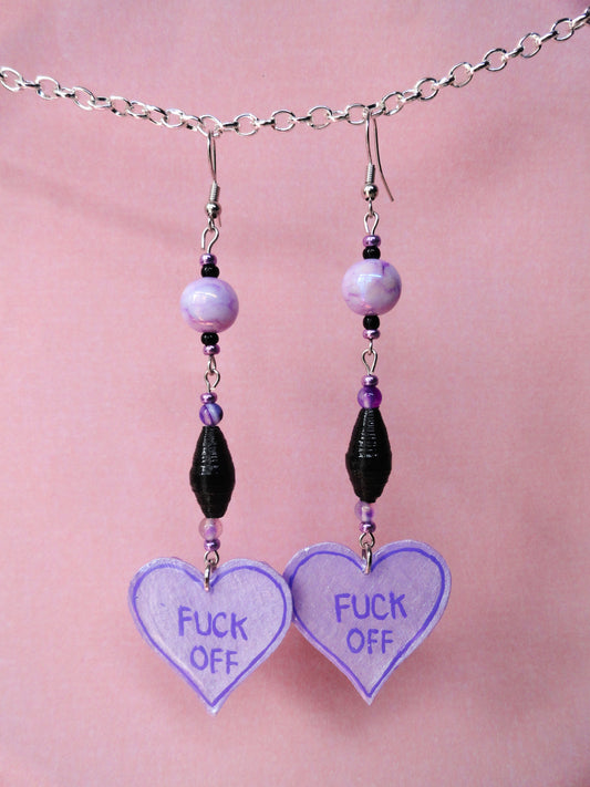 Fuck Off Heart Earrings With Black Handmade Paper Beads and Purple Marbled Beads