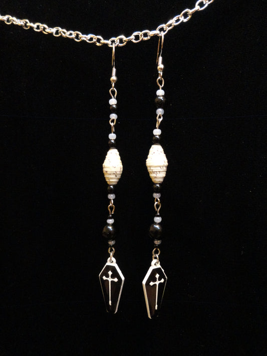 Coffin Earrings With White Speckled Handmade Paper Beads and Glass Beads