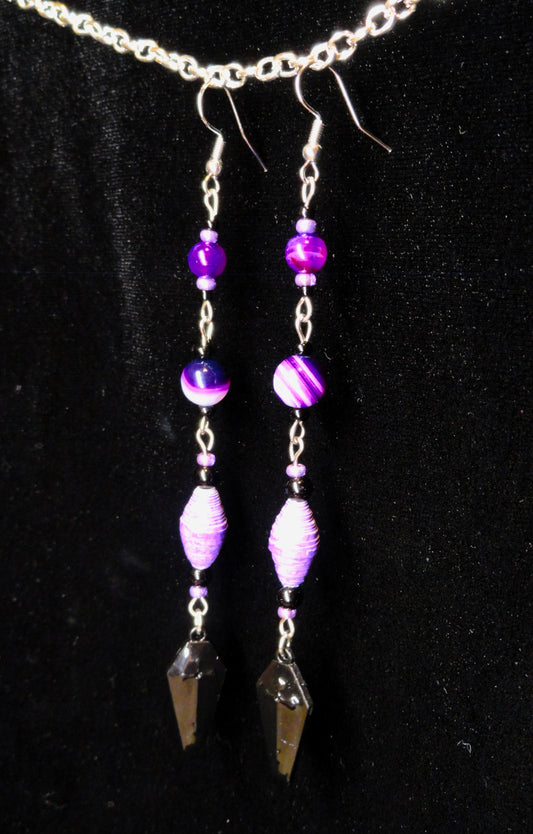 Coffin Earrings With Purple Handmade Paper Beads and Glass Beads