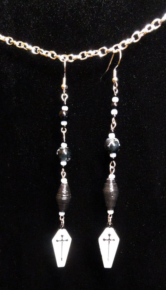 Coffin Earrings With Black Handmade Paper Beads and Glass Beads