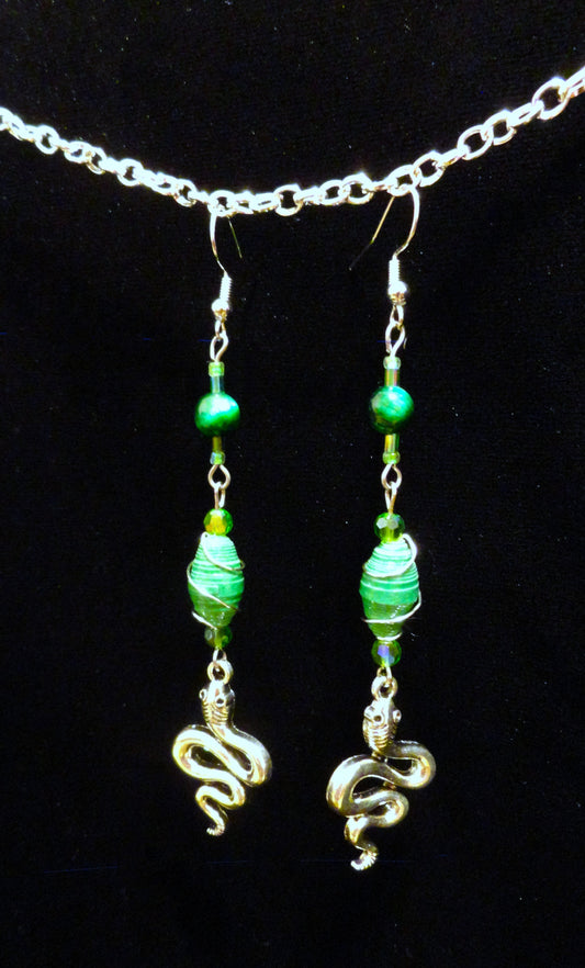 Snake Earrings With Green Handmade Paper Beads and Glass beads