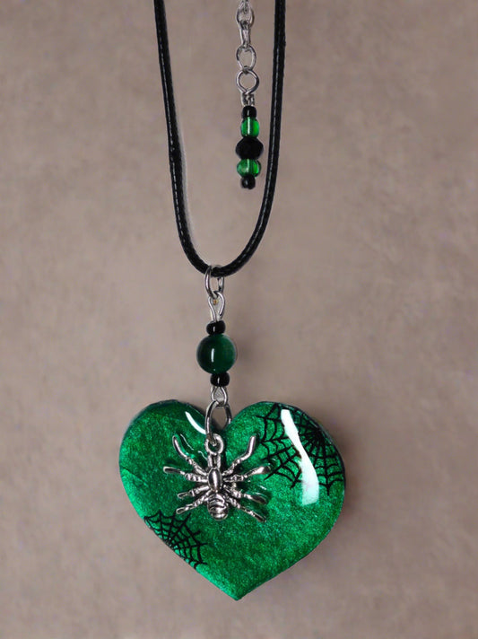 Hand-painted Green Heart Spiderweb Necklace