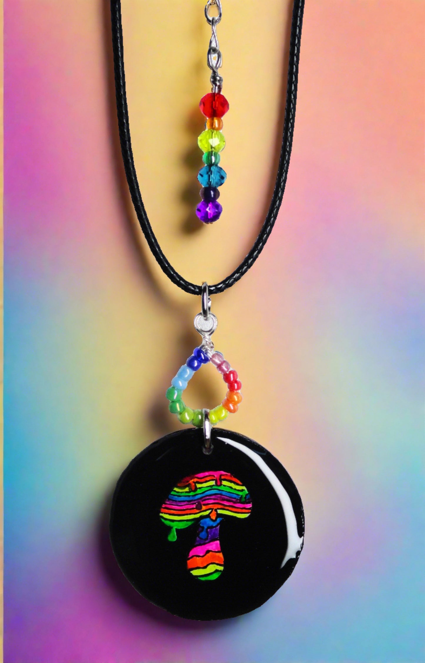 Hand-painted Drippy Rainbow Mushroom Necklace