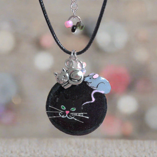 Hand-painted 3D Cat and Mouse Necklace