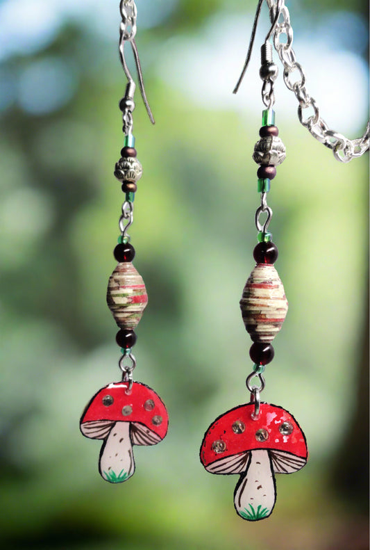 I'm Down to Earth Mushroom Earrings,  with Handmade Paper Beads, and Glass Beads