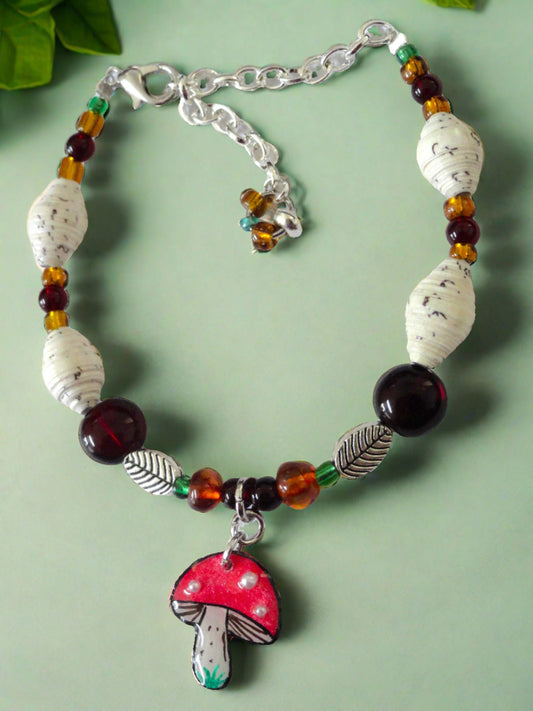 Adjustable Mushroom Bracelet, Cream Colored Handmade Paper Beads With Amber And Glass Beads