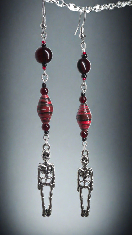 Skeleton Earrings With Red Handmade Paper Beads and Blood Red Glass Beads