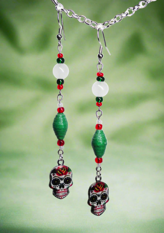 Sugar Skull Earrings With Multicolored Handmade Paper Beads and Glass Beads