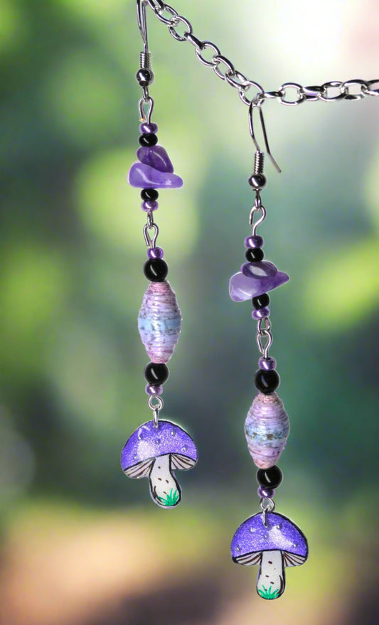 Mushroom with Purple Handmade Paper Beads, and Amethyst Chip Stone