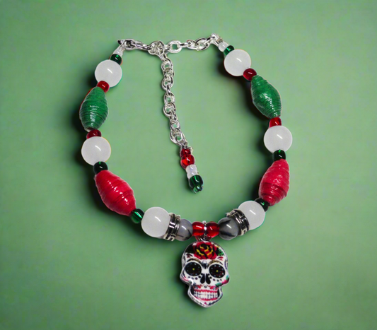 Adjustable Mexican Sugar Skull Bracelet With Red & Green Colored Handmade Paper Beads and Glass Beads