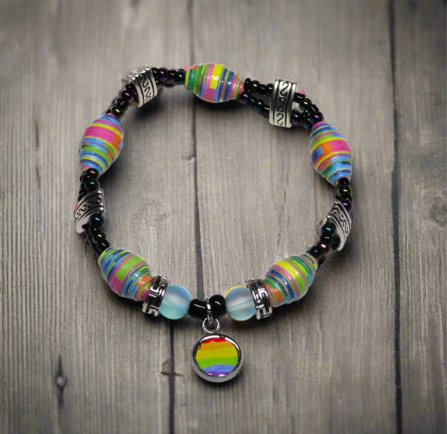 Bracelet With Pride Charm, Rainbow Colored Handmade Paper Beads & Glass Beads