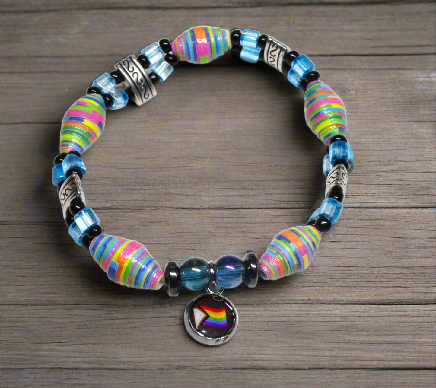 Bracelet With Pride Charm, Rainbow Colored Handmade Paper Beads & Glass Beads