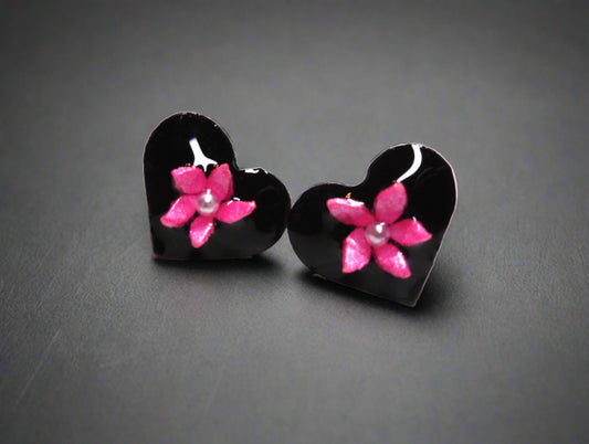 Pink Flower Heart Stud Earrings