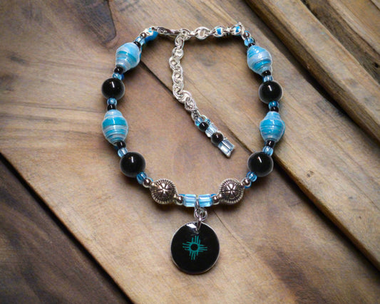 Adjustable Zia Bracelet, Turquoise Handmade Paper Beads With Glass Beads