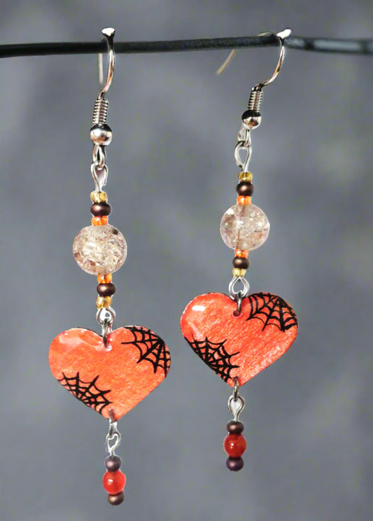 Spiderweb Heart Earrings With Crackle Glass Beads and Carnelian Beads