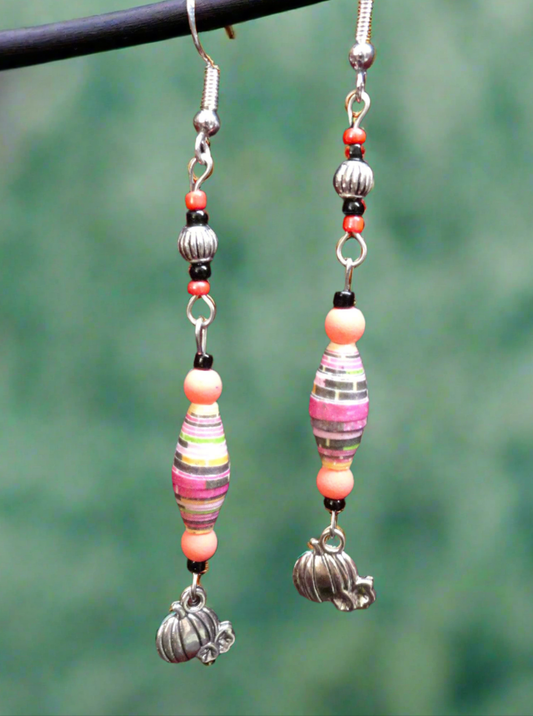 Pumpkin Earrings With Multicolored Handmade Paper Beads and Glass Beads