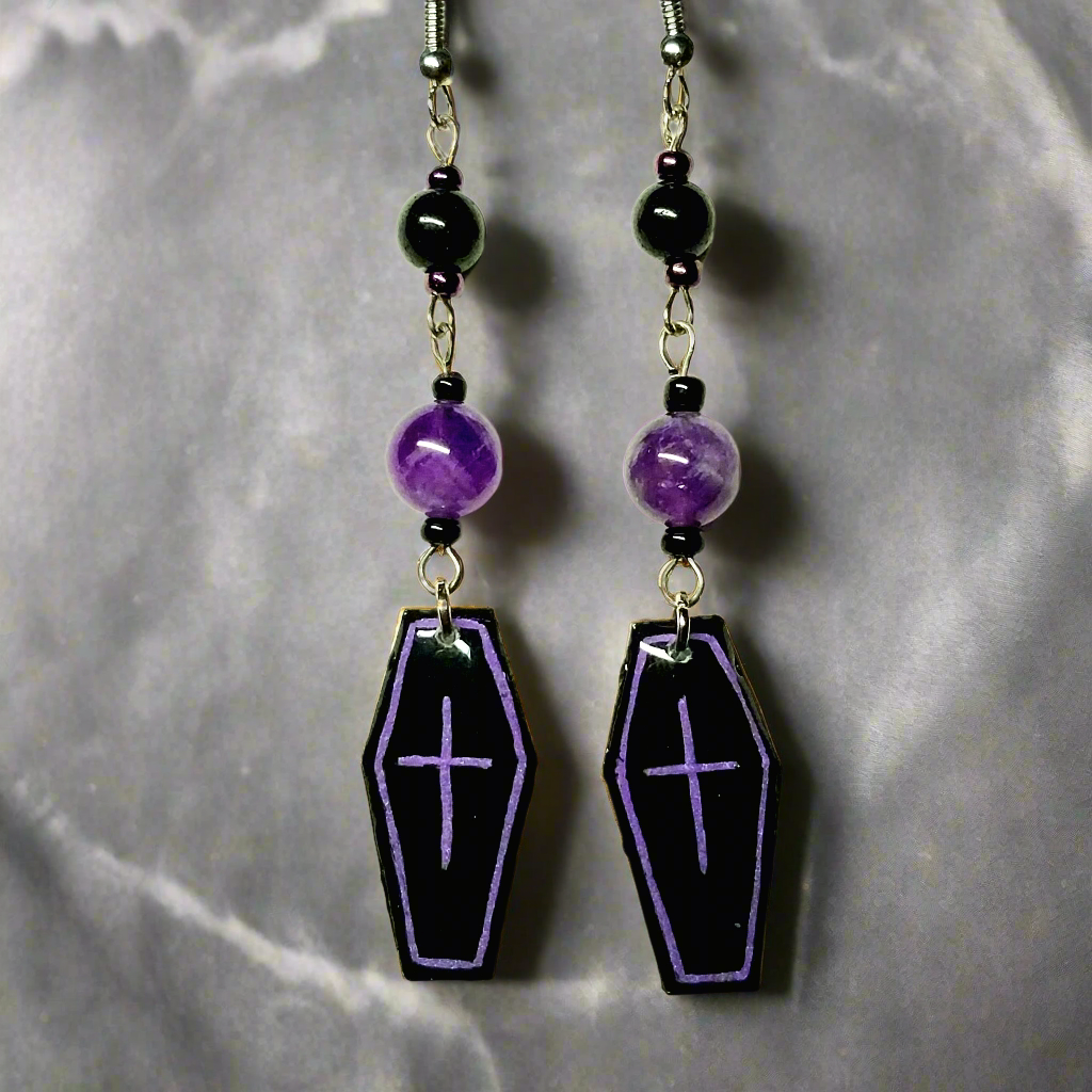 Handmade Purple Flower Coffin Earrings With Amethyst Colored Glass Beads