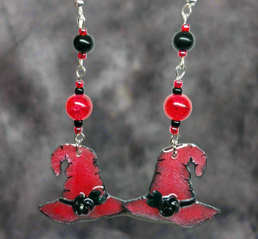 Handmade Red Witch Hat Earrings With Red Glass Beads