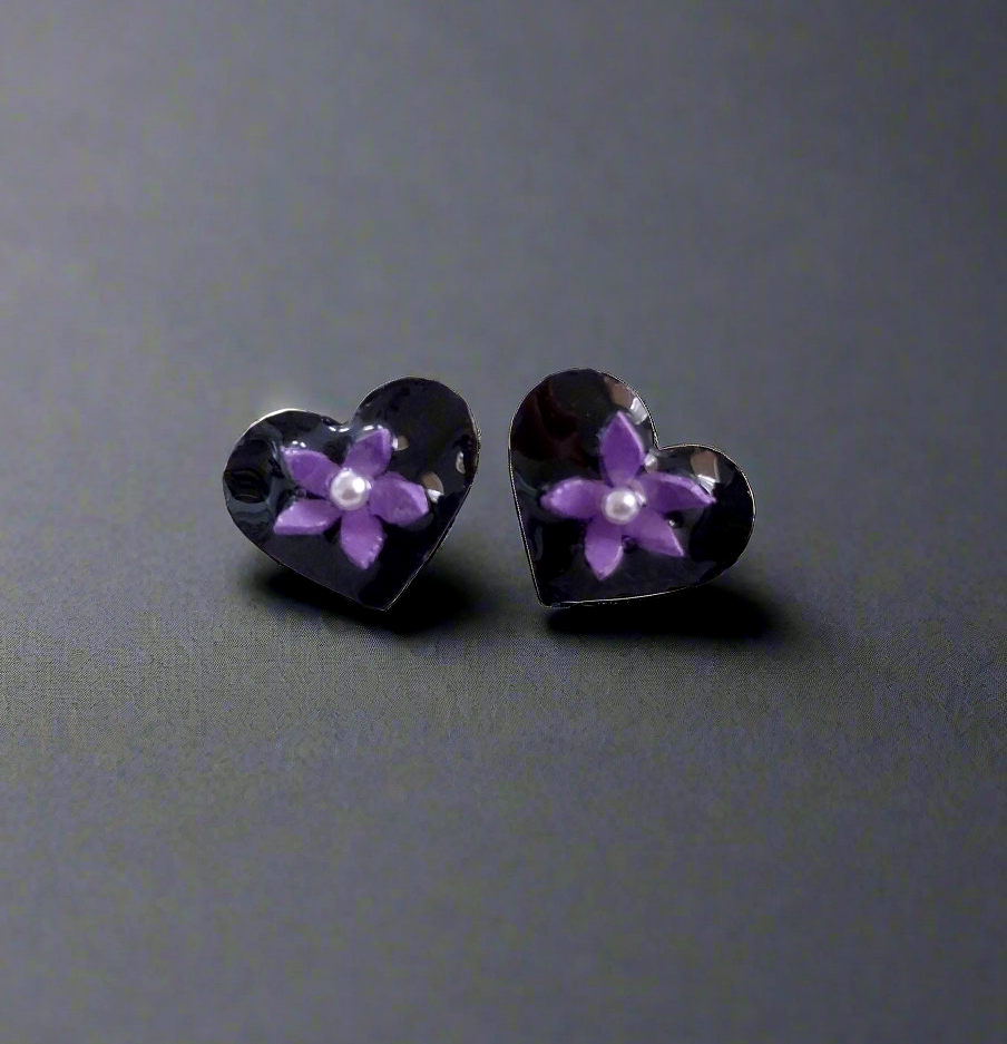 Purple Flower Heart Stud Earrings